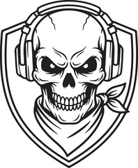 Aggressive Skull with Headphones and Bandana Shield Emblem Vector Illustration. Black and White Logo Design for Music, DJ, Gaming, Tattoo, Apparel and Stickers