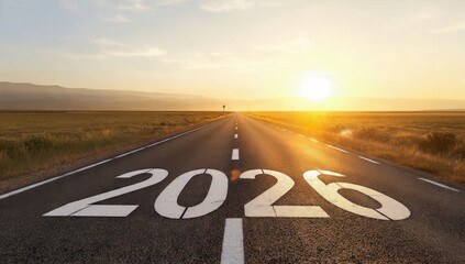 Highway road marked with the number 2026 heading towards a brilliant golden sunset over vast prairie fields and distant mountains. Concept of future planning, journey, and new beginnings.