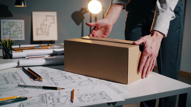 Hands holding a plain cardboard box above an architect&rsquo;s desk, surrounded by blueprints, sketches, pencils, and drawing tools, modern office setting