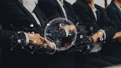 A professional team engages with digital technology for business growth. The image showcases collaborative efforts, innovation, and the power of modern strategies. Raster