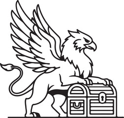 Black and White Griffin Guarding Treasure Chest Vector Illustration. Mythical Griffin Heraldic Symbol, Guardian of Wealth Clip Art © Parves