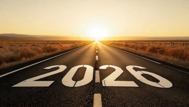 2026 painted on a desert highway leading towards a bright golden sunrise, symbolizing the road ahead, future business strategy, and new beginnings for the year 2026