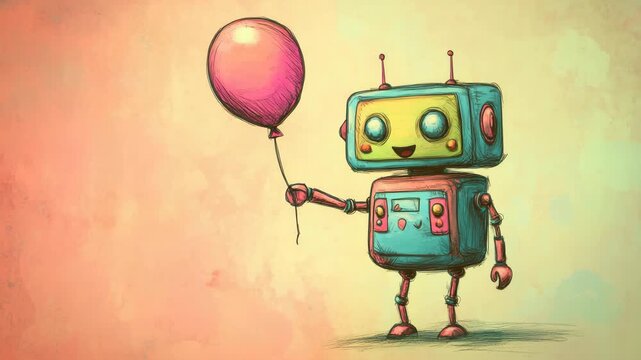 cute robot with red balloon sketch illustrated animation