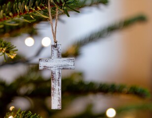 Wooden Christian Cross Ornament Hanging on a Christmas Tree