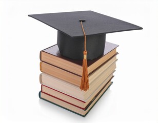 Graduation Mortar Cap Sitting on a Stack of Books and Isolated on a White Background