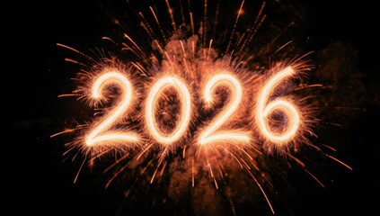 Vibrant 2026 numbers rendered in brilliant golden sparkler light effect, set against a dramatic exploding fireworks backdrop on black. New Year's Eve celebration concept.