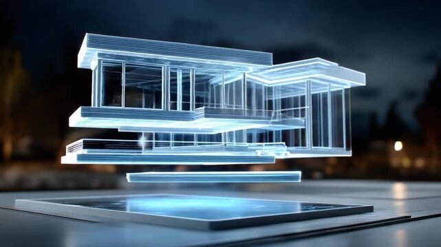 Futuristic Home Concept: An innovative architectural model of a modern home, illuminated with a futuristic glow against a blurred cityscape, symbolizes innovation and technological advancement.