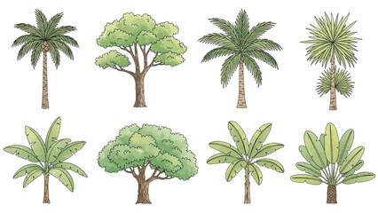 A collection of various palm and tropical trees illustrated in a digital artwork viewed from a straight-on perspective.