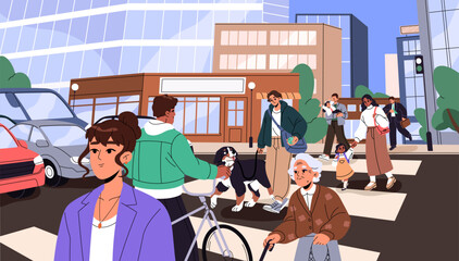 Crosswalk of city street. Crowd of pedestrians crosses road. Cars stop on traffic light and people are walking on zebra. Men and women with dogs, kids and bicycles crossroad. Flat vector illustration.