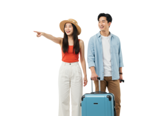 Young asian couple, early 20s, she in red tank top & white pants points forward, he in blue shirt, both smiling, pulling modern suitcases on transparent background, concept of travel and adventure