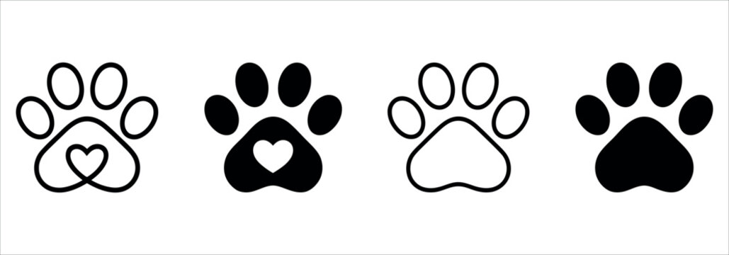 Set of four paw print icons with heart designs vector.