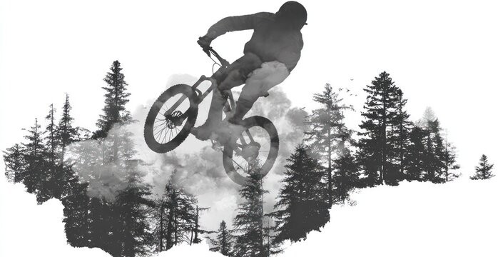 Silhouette of a cyclist mid-air over a forest. Black and white, with a hazy effect