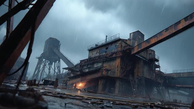 Urban Industrial Decay: A desolate industrial landscape under a brooding sky, the image tells a story of abandonment and the passage of time. The imposing structures, weathered by the elements.