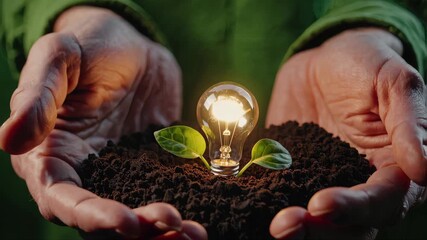 hands holding glowing light bulb and young green plant in soil, symbol of renewable energy and sustainable growth, eco friendly concept, natural background, cinematic lighting