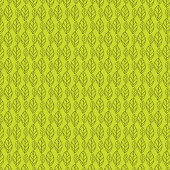 This image displays a seamless repeating pattern of stylized leaf outlines. The pattern features simple leaf shapes with vein details, drawn in a dark color on a vibrant lime green background. 