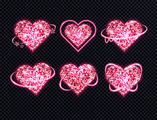 Valentines Day Glow pink Glitter Heart shape set. Bright sparkle glittering love stickers.