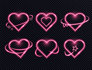 Neon Pink Heart Symbol Sticker set for Valentine's Day. Glowing Bright light effect love shape