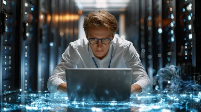 Tech Expert at Work: A focused tech expert, engrossed in his task, works in a futuristic data center setting, with a laptop illuminating his concentrated expression. 