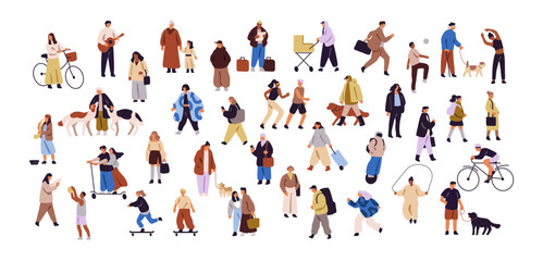 Tiny people set. Crowd of many men and women walking outdoors. Diverse characters stroll dogs, do sport, play music, skateboarding and cycling. Flat isolated vector illustrations on white background.