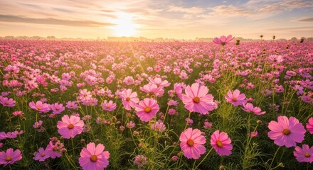 Fototapeta premium A vibrant field of pink cosmos flowers with a golden sun setting in the background.