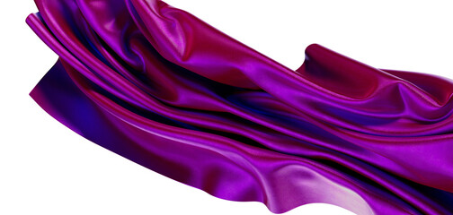 Abstract image of a flowing purple metallic fabric, draped and lit against a white background,...
