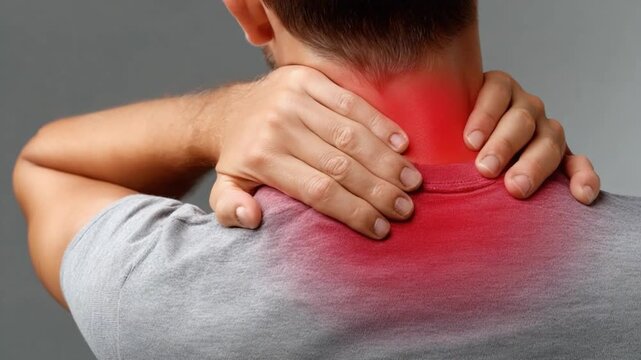 Pain Relief: A person experiencing neck pain, the red area highlights the painful area, a visual representation of discomfort and potential need for treatment.