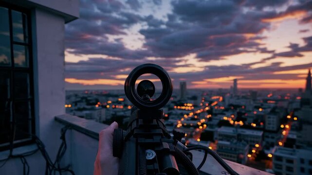 A dramatic urban skyline at sunset viewed through a rifle scope from a rooftop, showcasing a mixture of warm and cool tones. the silhouetted cityscape and vibrant sky emphasize depth and focus, creati