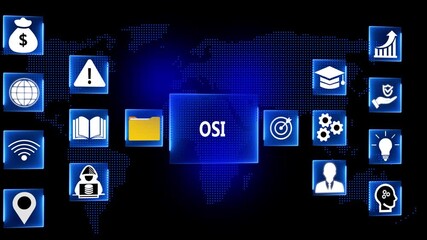 Global network security concept OSI model digital abstract with interconnected icons representing finance technology biology and data protection on a dark blue background with earth globe overlay - Powered by Adobe