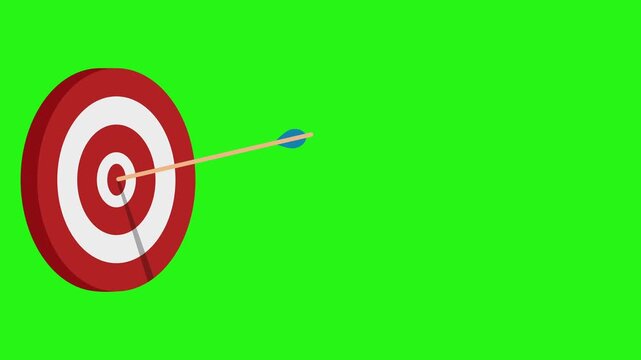 Success concept arrow hitting bullseye target centre animation on green screen background