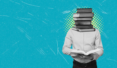 Art collage showing a person holding a book with a stack of books above their head in a colorful background with dots © beast01