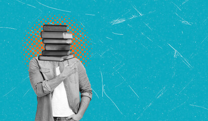 Art collage showing a person with a stack of books instead of a head against a bright blue background