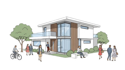 Modern house exterior with people walking and socializing near a contemporary building with trees in the foreground