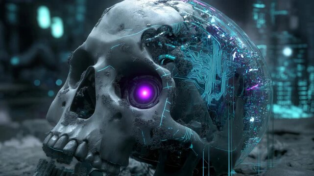skull illuminated with glowing neon light and integrated circuit patterns on its surface.  symbolizing cyberpunk aesthetics, artificial intelligence, transhumanism, and the fusion of life and digital 