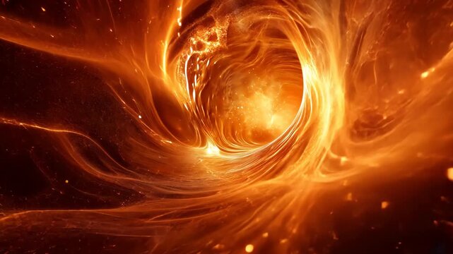 Solar flame burning through a tunnel in a scientific-style abstract background. Intense fiery plasma, glowing energy, and radial motion create a powerful visualization of solar physics