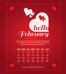 Hello February Monthly Calendar with Heart Illustration
