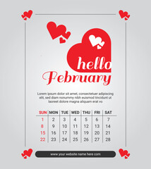 Hello February White Calendar with Heart Illustration