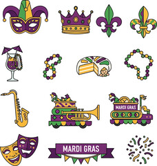 Mardi Gras Icon Set with Masks, Crow,n and King Cake