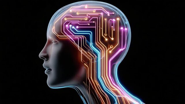 Human Mind & Futuristic Circuitry: An artistic depiction of the human mind illuminated with a network of digital circuitry, symbolizing the complex interconnections of thoughts, ideas, and intellect.