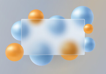 Minimalistic glass morphism style background with transparent rectangular panel and floating blue and gold spheres on soft gradient background, modern abstract design.