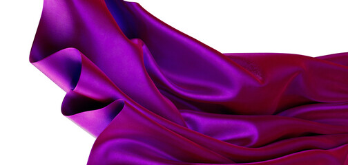Close-up of vibrant purple satin fabric with elegant folds against a white background, perfect for fashion, design, and
