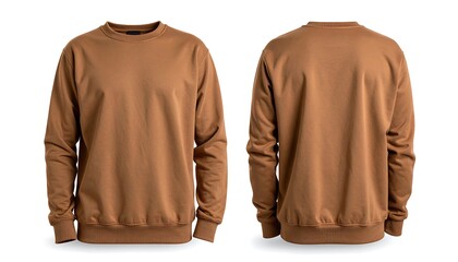 Brown crewneck sweatshirt mockup featuring front and back views on a plain white background, perfect for apparel design