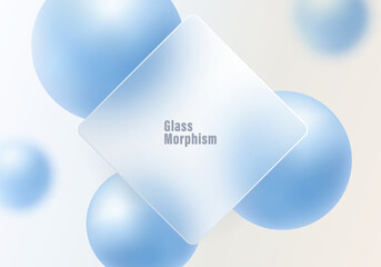 Light abstract background in glass morphism style with matte diamond panel and soft blue spheres on light gradient surface.