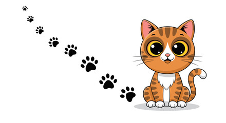 Adorable ginger cat with large expressive eyes sits next to a diagonal trail of black paw prints on a white background.