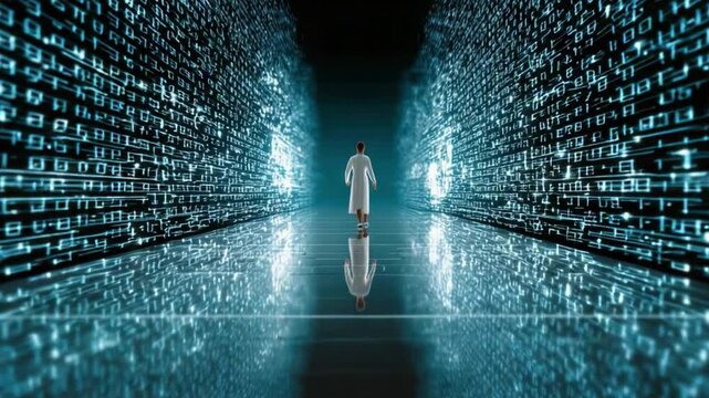 Digital Odyssey: A solitary figure, clad in a crisp white coat, embarks on a journey into a digital realm, surrounded by a captivating array of binary code, illuminated by a futuristic, ethereal glow.