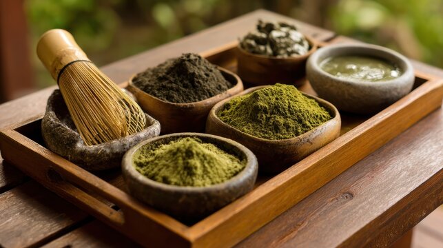 Medium shot of a detox spa kit with natural clay masks and herbal scrubs arranged on a blurred wooden tray for a refreshing home treatment experience.