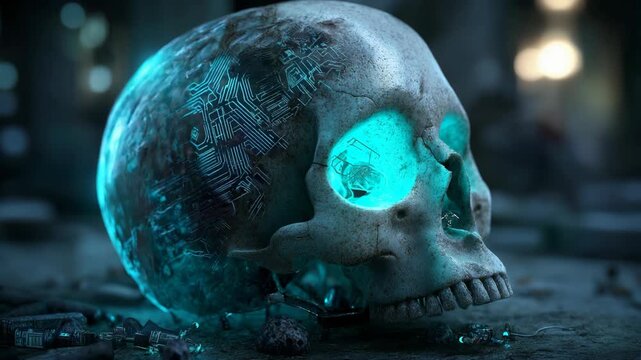 skull illuminated with glowing neon light and integrated circuit patterns on its surface.  symbolizing cyberpunk aesthetics, artificial intelligence, transhumanism, and the fusion of life and digital 