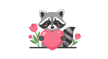 Obraz premium Cute cartoon raccoon peeks over a line holding a large pink heart surrounded by blooming tulip flowers on a white background.
