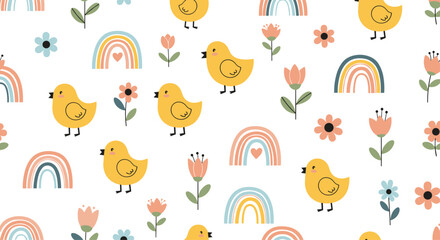 Naklejka premium Cheerful seamless pattern with small yellow chicks, colorful rainbows, and various flowers in a cute hand drawn style.