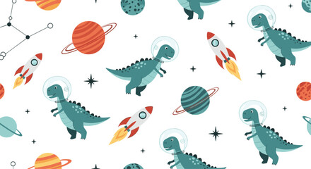 Custom blinds with your photo Fun seamless pattern with cute dinosaurs in astronaut suits exploring space with rockets, planets, and constellations.