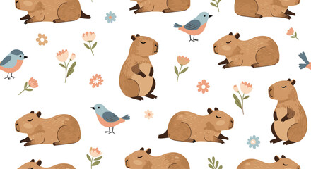 Fototapeta premium Lovely seamless pattern featuring cute capybaras in different poses mixed with small blue birds and flowers on white.